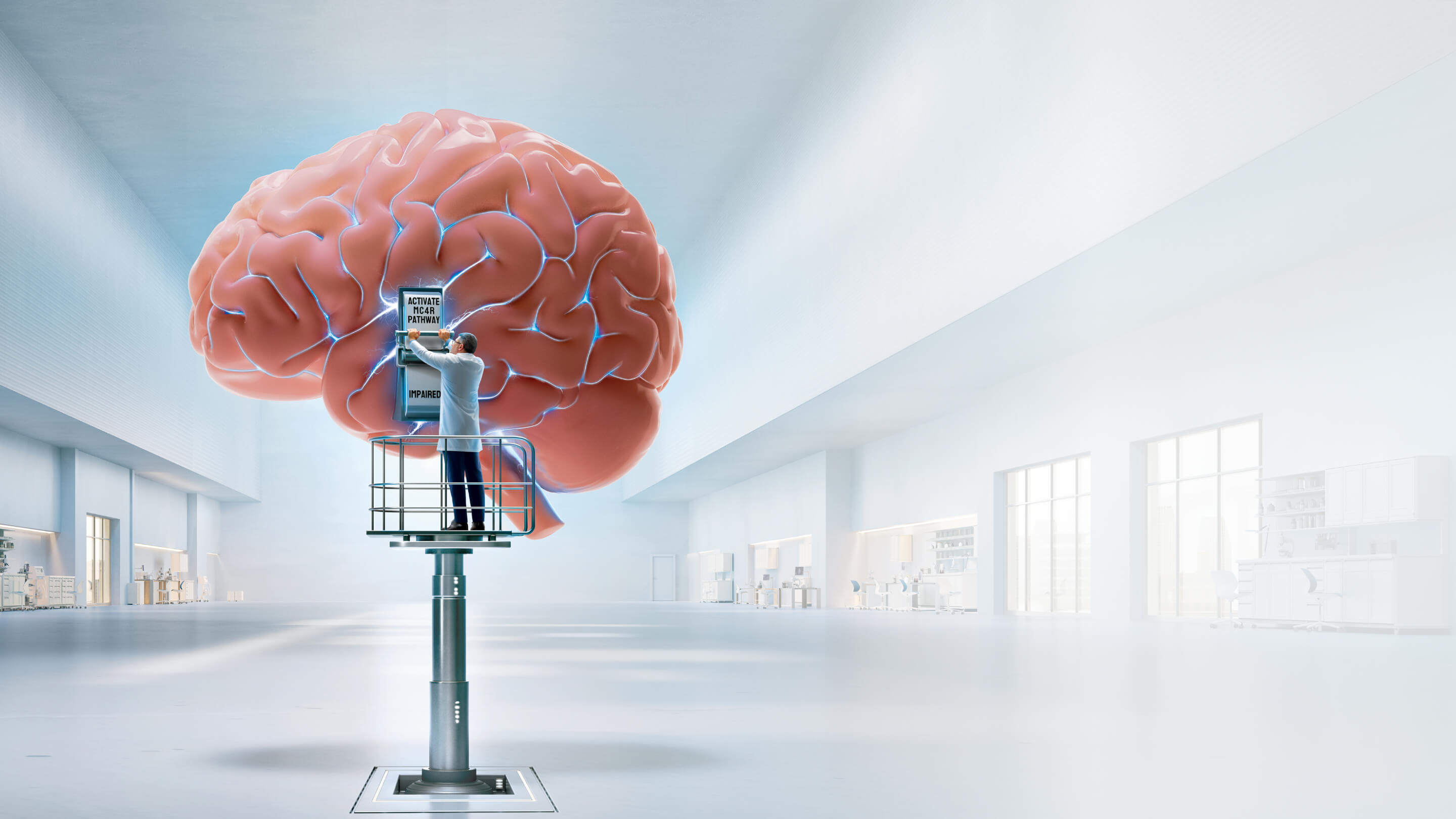 Doctor on lift in front of large brain, activating MC4R pathway switch